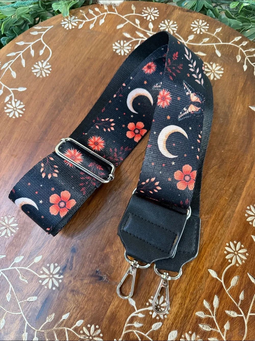 Adjustable Black Floral & Crescent Moon Crossbody Strap